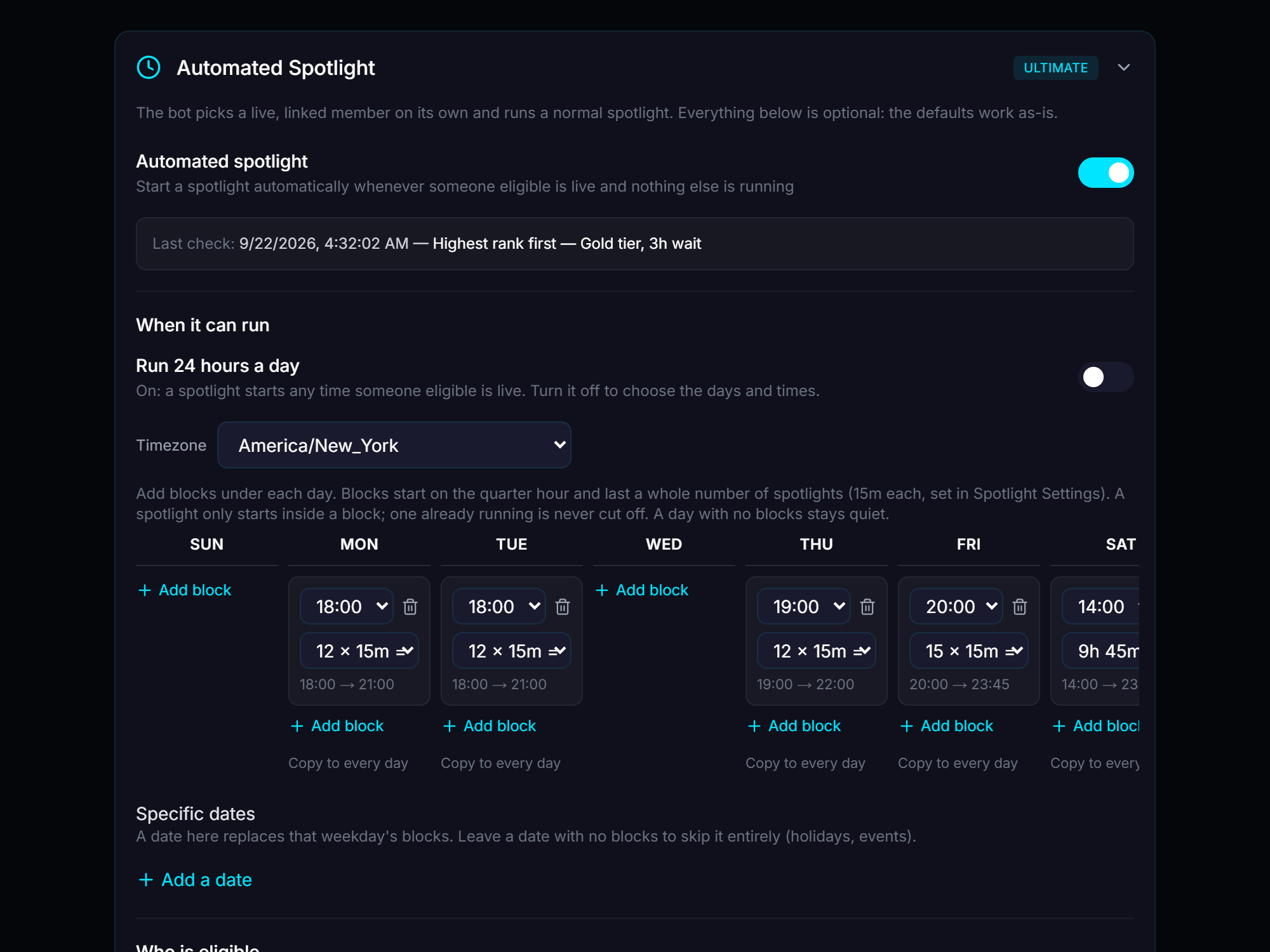 Dashboard automated spotlight panel with a weekly schedule grid and eligibility settings