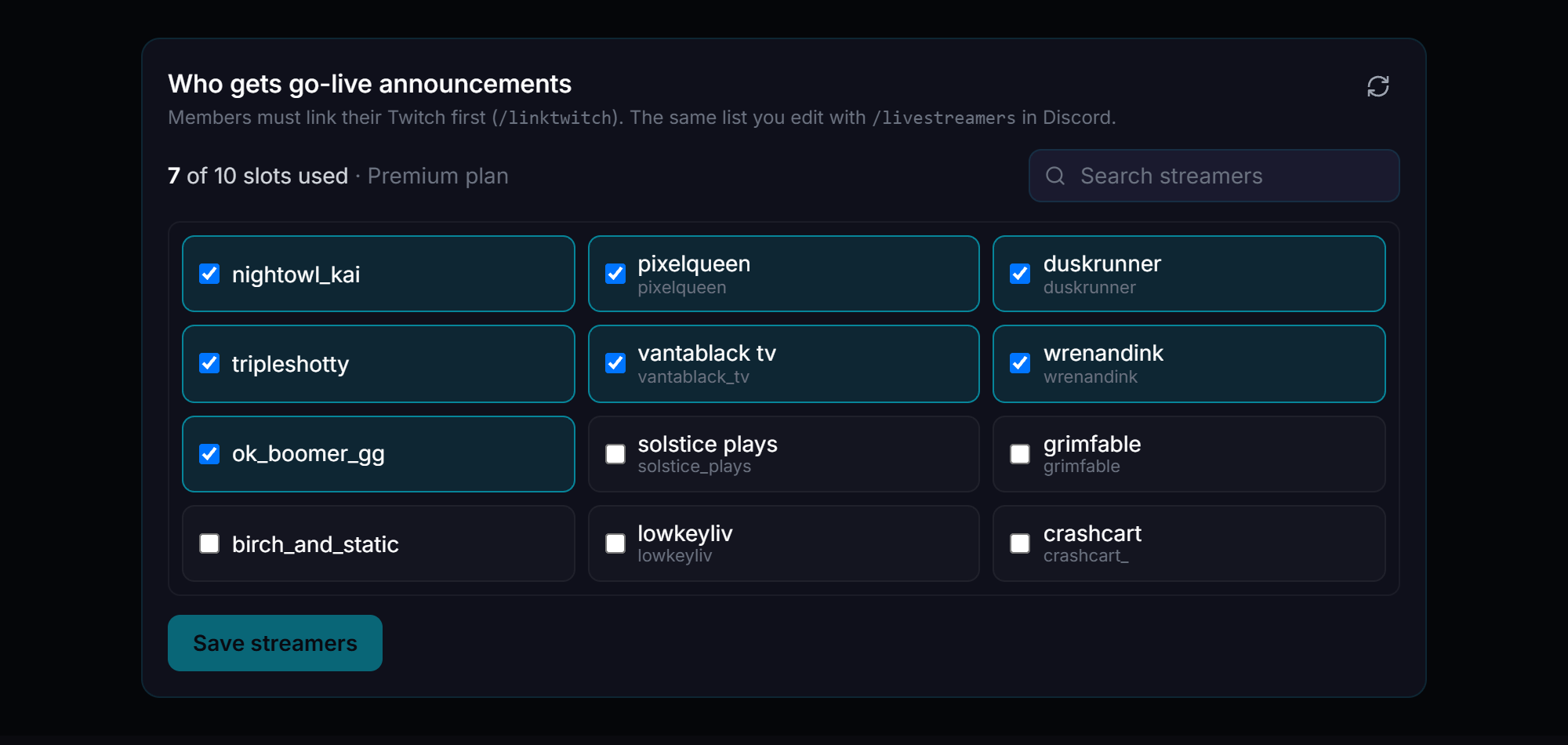 Dashboard panel for selecting which linked members get go-live announcements