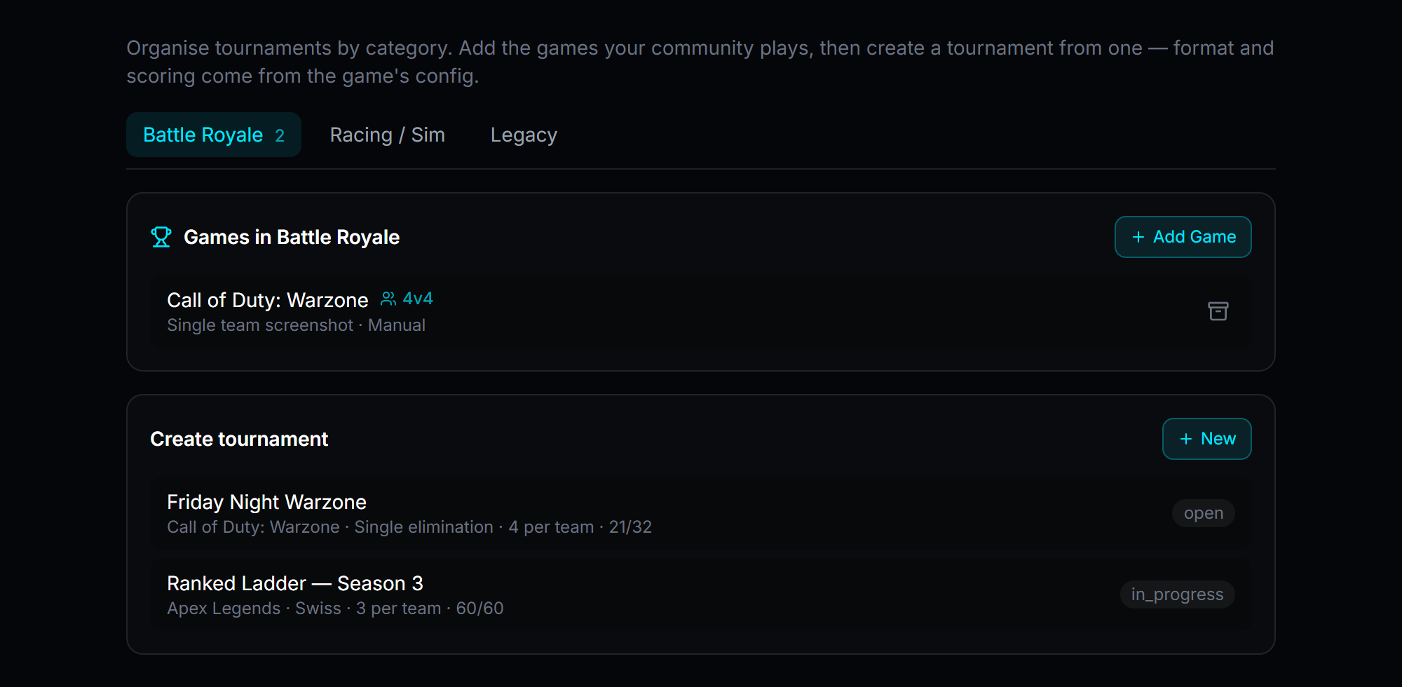 Dashboard tournaments panel showing games organized by category and a list of active tournaments