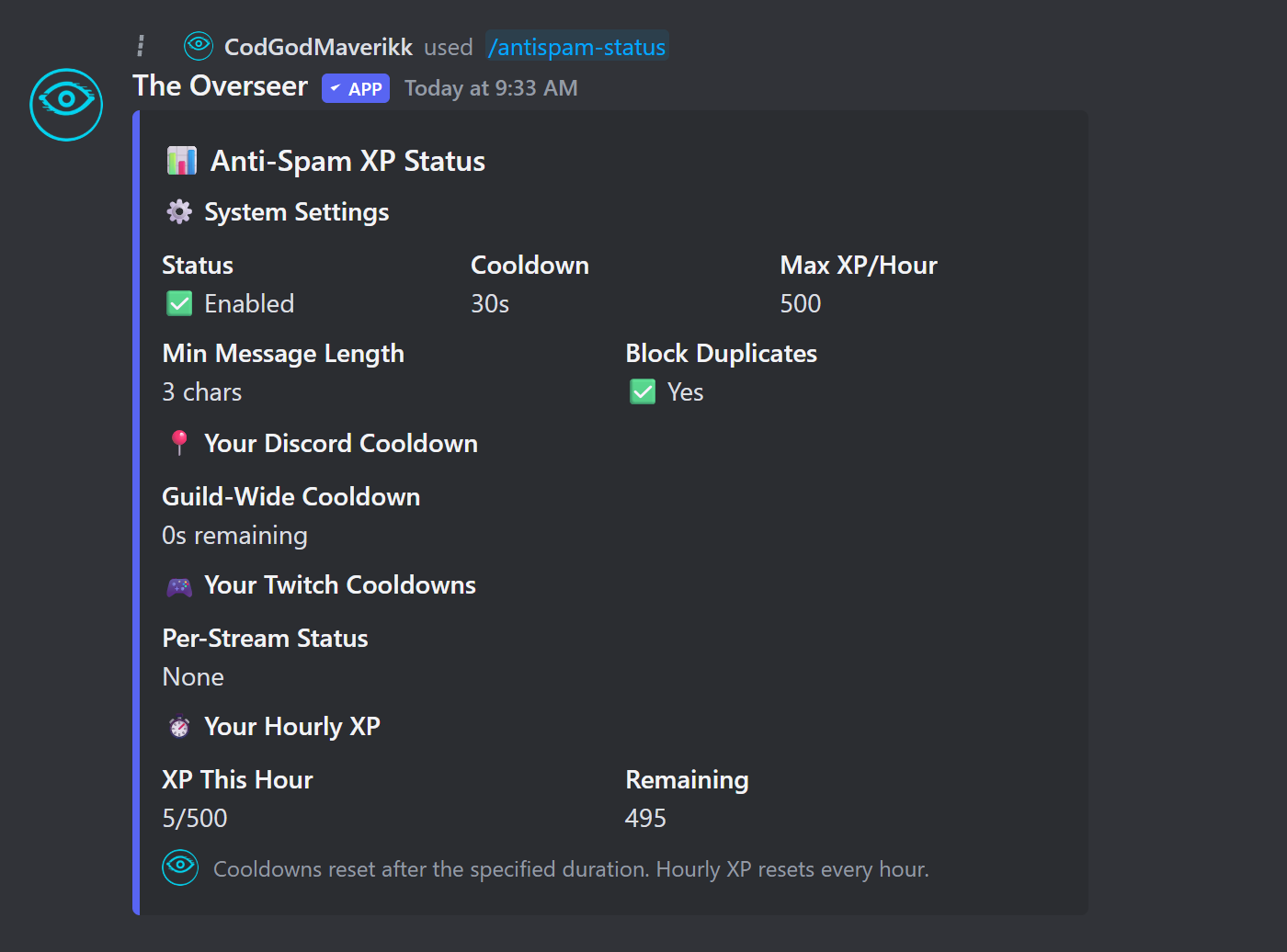 Anti-spam status embed showing cooldowns, hourly XP caps, and remaining XP for the hour