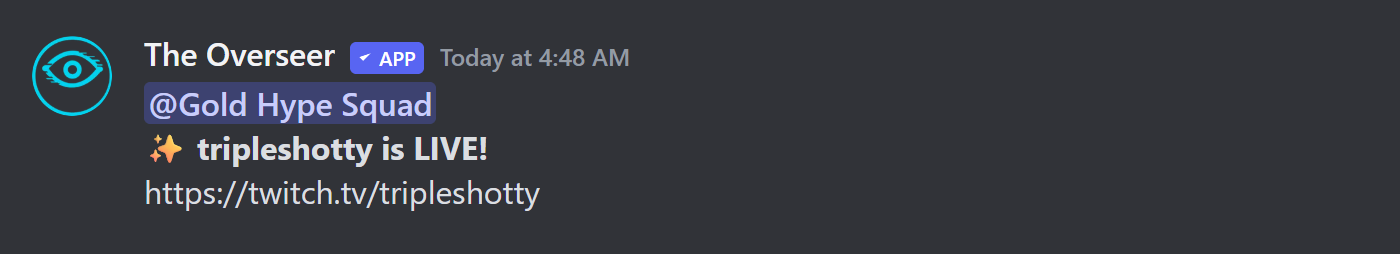 Go-live announcement pinging the Hype Squad role with a sparkle emoji for a Gold-rank affiliate streamer