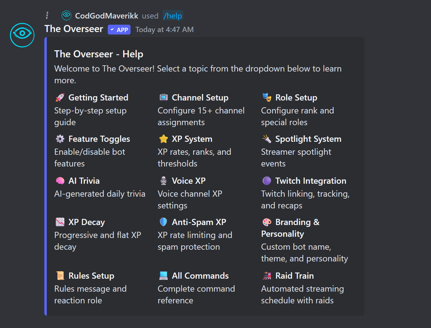 The Overseer's help menu embed with topic categories for every feature