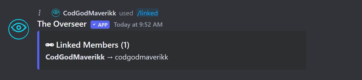Linked members embed listing Discord members and their linked Twitch usernames