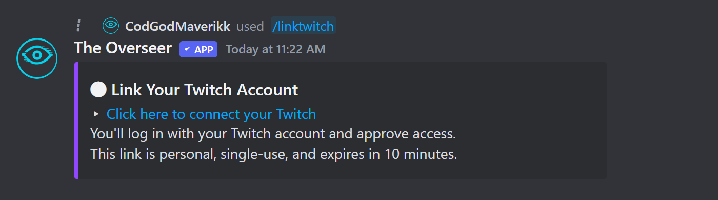 Link Your Twitch Account prompt with a one-time, 10-minute OAuth link