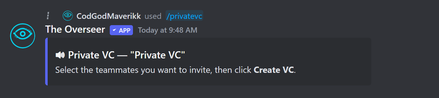 Private VC teammate picker prompt from the bot