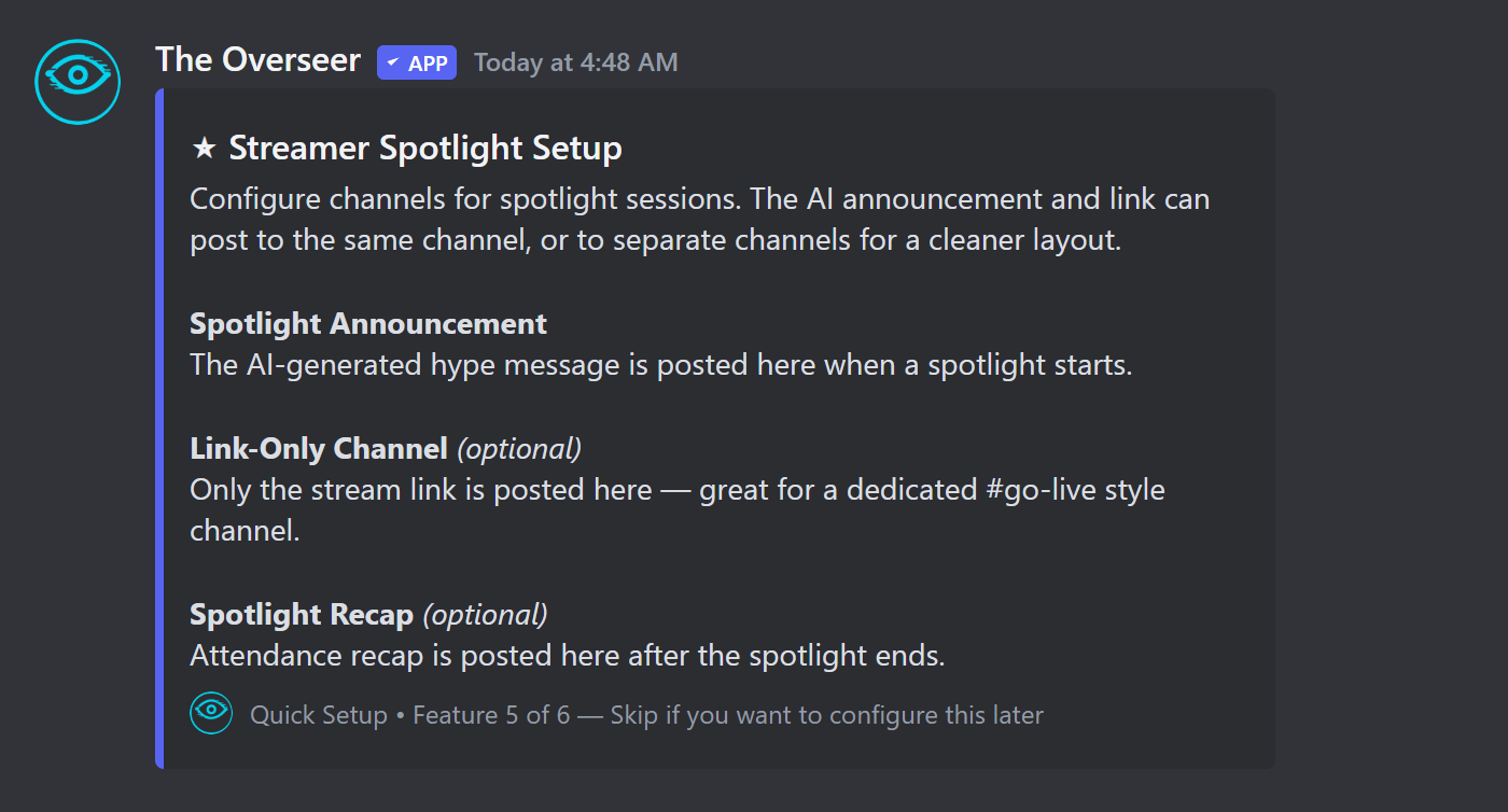 Quick Setup feature configuration step for Streamer Spotlight, listing its channel options