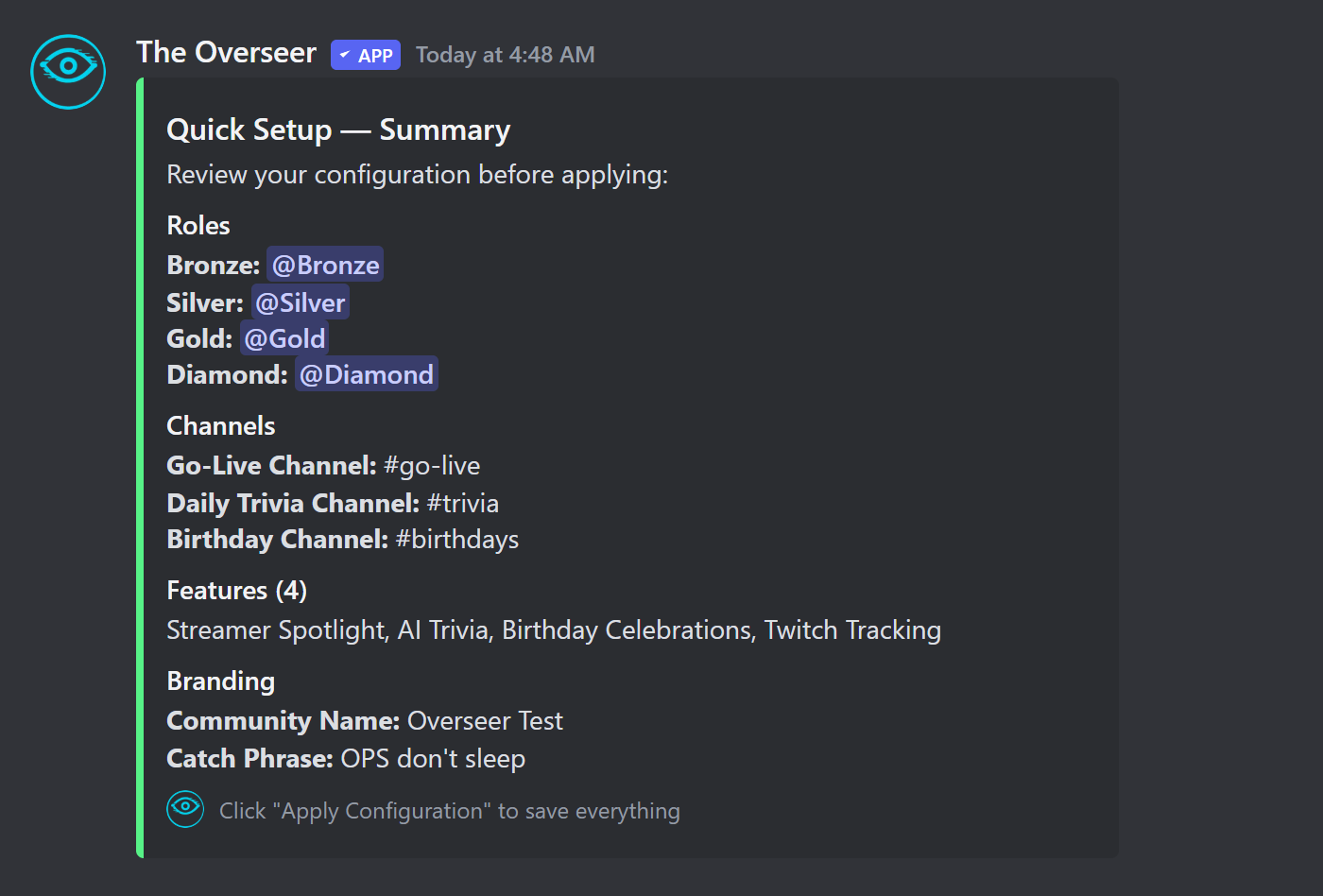 Quick Setup summary embed reviewing configured roles, channels, features, and branding
