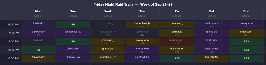 Raid train weekly schedule embed