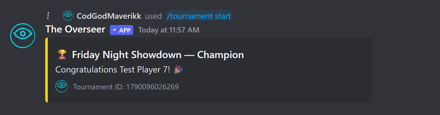 Tournament champion embed congratulating the winning player