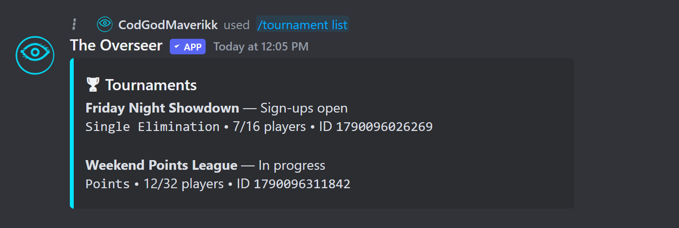 Tournament list embed showing multiple tournaments with status, format, and player counts