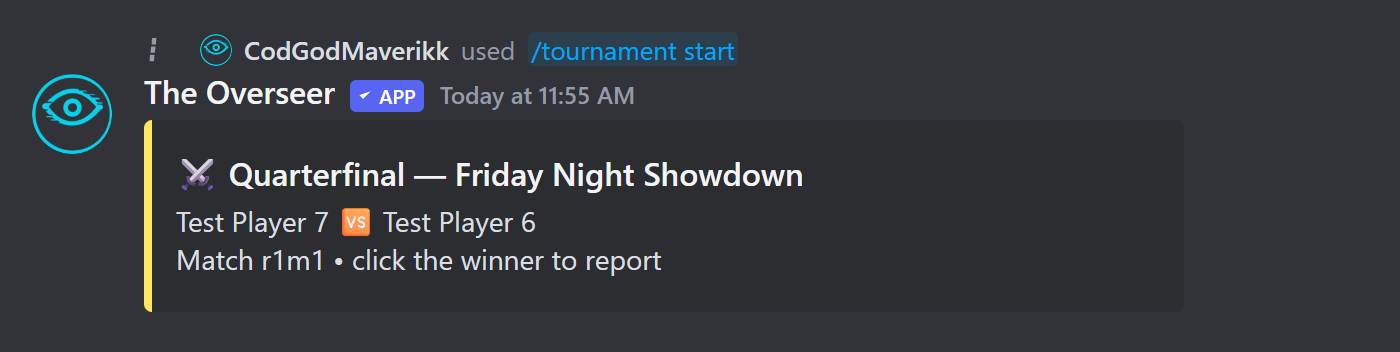 A single tournament match card with two player names and Win report buttons