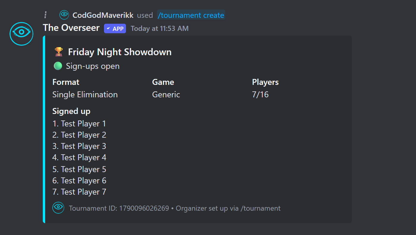 Tournament sign-up embed showing format, game, player count, and the signed-up roster