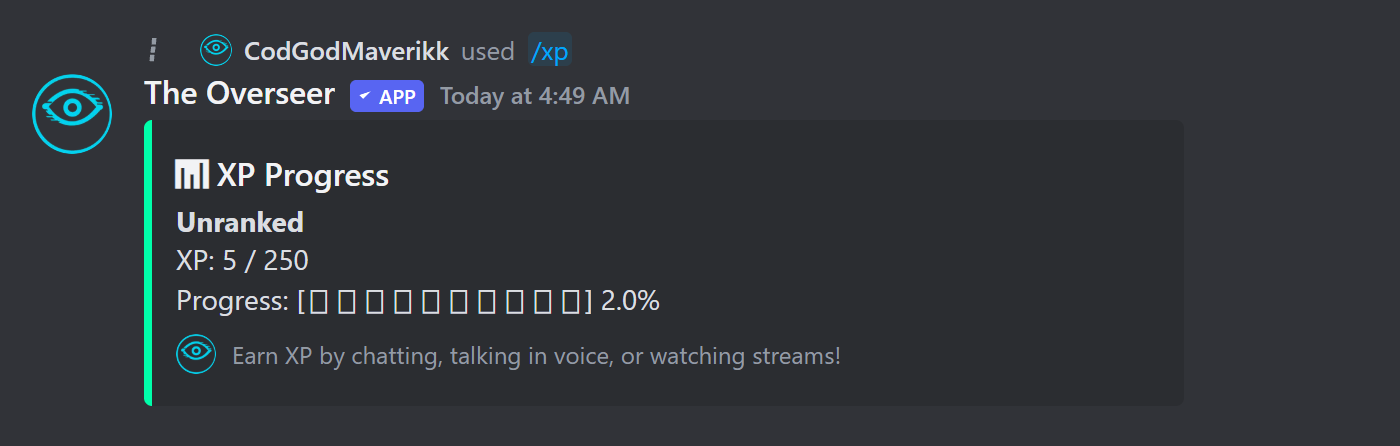 XP progress embed showing a member's current rank, XP total, and a progress bar to the next rank